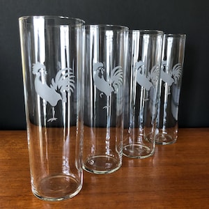 Libbey Etched Rooster Tall Glasses - Tom Collins Ice Tea Glass - Vintage Barware - Set of 4