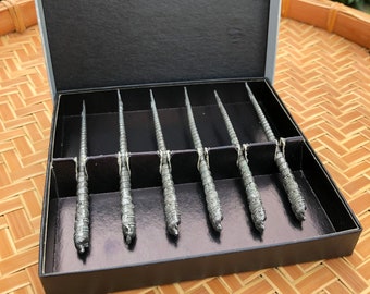 Metzke Antiqued Pewter Shell Design Hors D'oeuvres Picks Set of 6 Original Box Vintage Serving