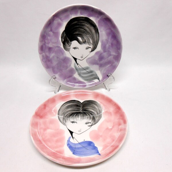 Vintage Decorative Hand Painted Plates Stylish Young Women Set of 2 Ceramica Di Milano ? Marked T Handgemalt