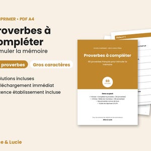 Proverbs to complete for seniors – 60 French proverbs, printable PDF A4 sheets – Memory workshop, activity for nursing homes