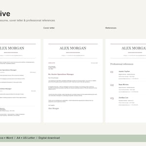 Pode incluir: Um conjunto de modelos de documentos digitais intitulado Archive por Mnml by Daniel, apresentando um currículo, carta de apresentação e referências profissionais para Alex Morgan. Layout com texto preto em páginas brancas, A4 e US Letter.
