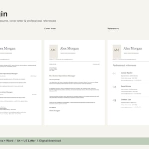 Pode incluir: Um conjunto de modelos digitais intitulado Margin por Mnml by Daniel, apresentando um currículo, carta de apresentação e referências profissionais coordenadas para Alex Morgan, em branco com texto preto e bege.