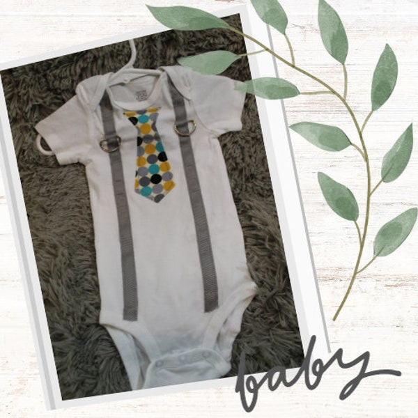 Handmade Polka Dot Necktie Suspenders Infant Bodysuit, Wedding Shirt, Birthday Outfit, Baby Gift, Shower Gift, White Onesie, Cotton