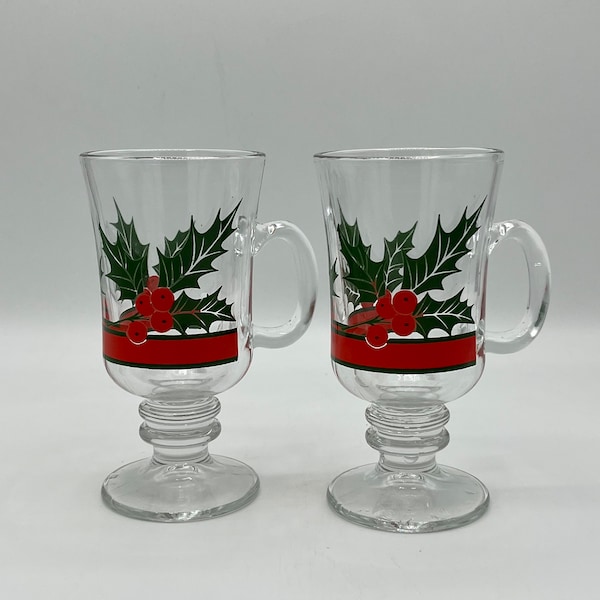 Libbey Holly Berry Christmas Glass Irish Coffee | Hot Chocolate Mug | Set of 2