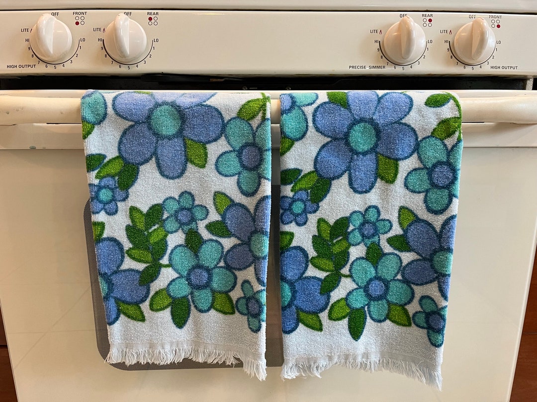 Vintage 70s Blue Floral Kitchen Towels Cannon Cotton Made in USA Set of ...