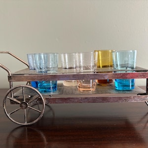 Vintage 60s MCM Metal Wagon Cart Caddy w/ Colored Shot Glasses | Barware