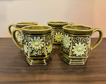 MCM Ceramic Glazed Avocado Green W/ Yellow Daisies Coffee Tea Cup Footed | Japan | Set of 4
