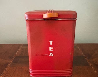 Vintage Kreamer Red Tea Canister Metal Tin with Bakelite Knob -  1940s Hinged