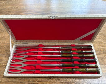 Vintage Mid-Century Fondue Forks Bamboo Handles Stainless Steel Set of 6