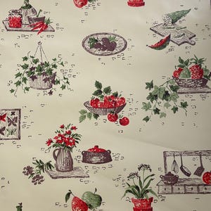 May include: Vintage kitchen-themed wallpaper with a repeating pattern of fruits, vegetables, and kitchenware in red, green, and brown. The design includes pears, apples, strawberries, and hanging plants. The background is a light beige color.