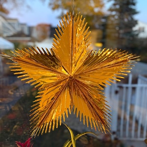 May include: A large, golden star-shaped ornament hangs in front of a window. The star has multiple points with a spiky, textured design. The ornament is suspended by a small hook, and the background shows a blurred outdoor scene.