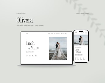 Trouwwebsitesjabloon met RSVP, minimalistische bewerkbare trouwwebsite, tweetalige trouwsite, olijfgroen, direct te downloaden