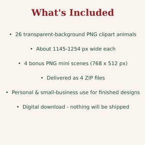 May include: A digital product listing titled What's Included, featuring 26 transparent-background PNG clipart animals about 1145-1254 px wide, 4 bonus PNG mini scenes at 768 x 512 px, delivered as 4 ZIP files for personal and small-business use.