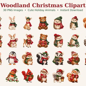 May include: A collection of 30 digital illustrations featuring woodland animals dressed in red and green winter clothing, including hats and scarves. The text Woodland Christmas Clipart, 30 PNG Images, Cute Holiday Animals, and Instant Download is visible.