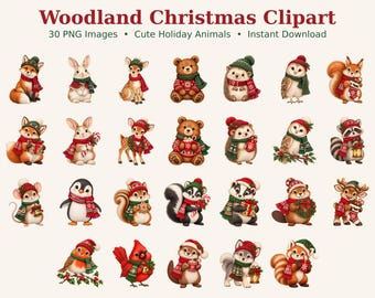 May include: A collection of 30 digital illustrations featuring woodland animals dressed in red and green winter clothing, including hats and scarves. The text Woodland Christmas Clipart, 30 PNG Images, Cute Holiday Animals, and Instant Download is visible.