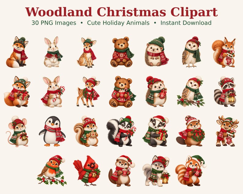 May include: A collection of 30 digital illustrations featuring woodland animals dressed in red and green winter clothing, including hats and scarves. The text Woodland Christmas Clipart, 30 PNG Images, Cute Holiday Animals, and Instant Download is visible.