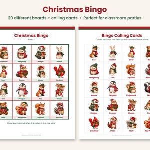 May include: A Christmas Bingo game set featuring 20 boards and calling cards. The game includes illustrations of woodland animals wearing festive winter accessories like scarves and hats, with text labels for each animal character.