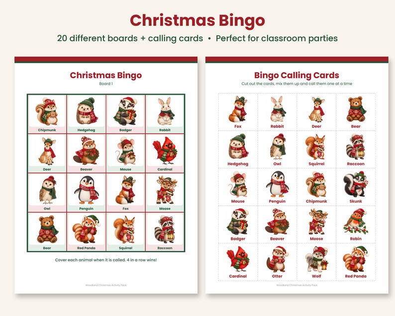 May include: A Christmas Bingo game set featuring 20 boards and calling cards. The game includes illustrations of woodland animals wearing festive winter accessories like scarves and hats, with text labels for each animal character.