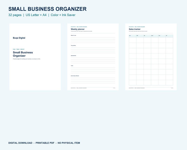 Small Business Planner Printable PDF, 32-Page Organizer, US Letter and A4 afbeelding 2