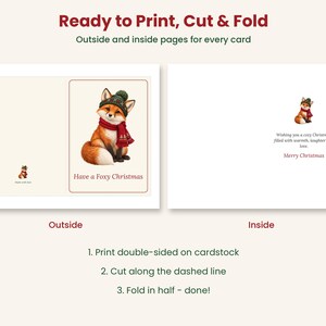 May include: A printable greeting card template featuring a fox wearing a green knit hat and red scarf. The front displays the text Have a Foxy Christmas. The inside includes a small fox illustration and the text Wishing you a cozy Christmas filled with warmth, laughter and love. Merry Christmas.