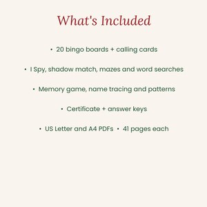 May include: A list titled What's Included featuring 20 bingo boards and calling cards, I Spy, shadow match, mazes, word searches, memory game, name tracing, patterns, certificate, answer keys, and US Letter and A4 PDFs with 41 pages each.