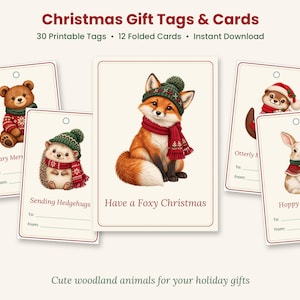 May include: Christmas gift tags and cards featuring illustrations of a bear, hedgehog, fox, otter, and rabbit wearing winter hats and scarves. Text includes Christmas Gift Tags & Cards, Beary Merry, Sending Hedgehugs, Have a Foxy Christmas, Otterly Merry, and Hoppy Holidays.