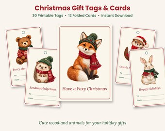 May include: Christmas gift tags and cards featuring illustrations of a bear, hedgehog, fox, otter, and rabbit wearing winter hats and scarves. Text includes Christmas Gift Tags & Cards, Beary Merry, Sending Hedgehugs, Have a Foxy Christmas, Otterly Merry, and Hoppy Holidays.