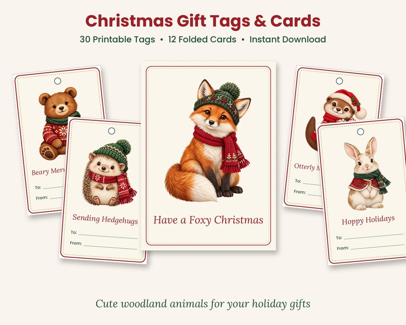 May include: Christmas gift tags and cards featuring illustrations of a bear, hedgehog, fox, otter, and rabbit wearing winter hats and scarves. Text includes Christmas Gift Tags & Cards, Beary Merry, Sending Hedgehugs, Have a Foxy Christmas, Otterly Merry, and Hoppy Holidays.