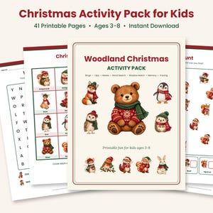 May include: A Christmas activity pack for kids featuring 41 printable pages. The cover displays the text Woodland Christmas Activity Pack with illustrations of a bear, fox, owl, penguin, and hedgehog wearing winter scarves and sweaters.