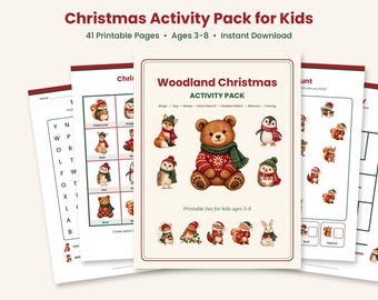 May include: A Christmas activity pack for kids featuring 41 printable pages. The cover displays the text Woodland Christmas Activity Pack with illustrations of a bear, fox, owl, penguin, and hedgehog wearing winter scarves and sweaters.