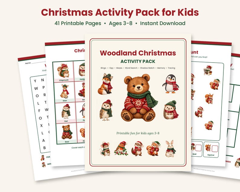 May include: A Christmas activity pack for kids featuring 41 printable pages. The cover displays the text Woodland Christmas Activity Pack with illustrations of a bear, fox, owl, penguin, and hedgehog wearing winter scarves and sweaters.