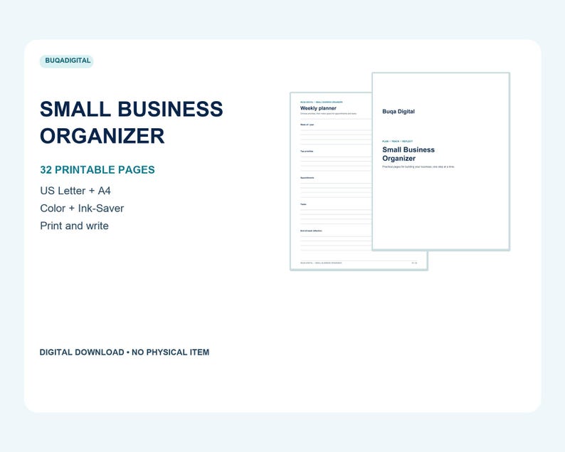 Small Business Planner Printable PDF, 32-Page Organizer, US Letter and A4 afbeelding 1