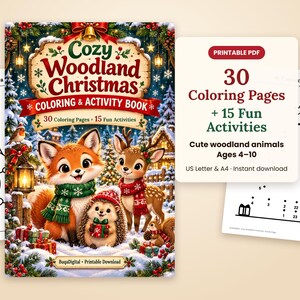 Christmas Coloring Book for Kids, Printable Woodland Animal Coloring Pages and Activity Book