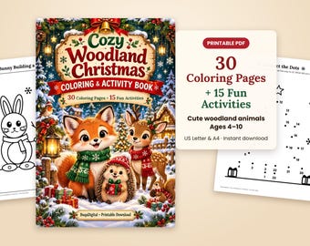 Libro para colorear de Navidad para niños, páginas para colorear de animales del bosque para imprimir y libro de actividades.