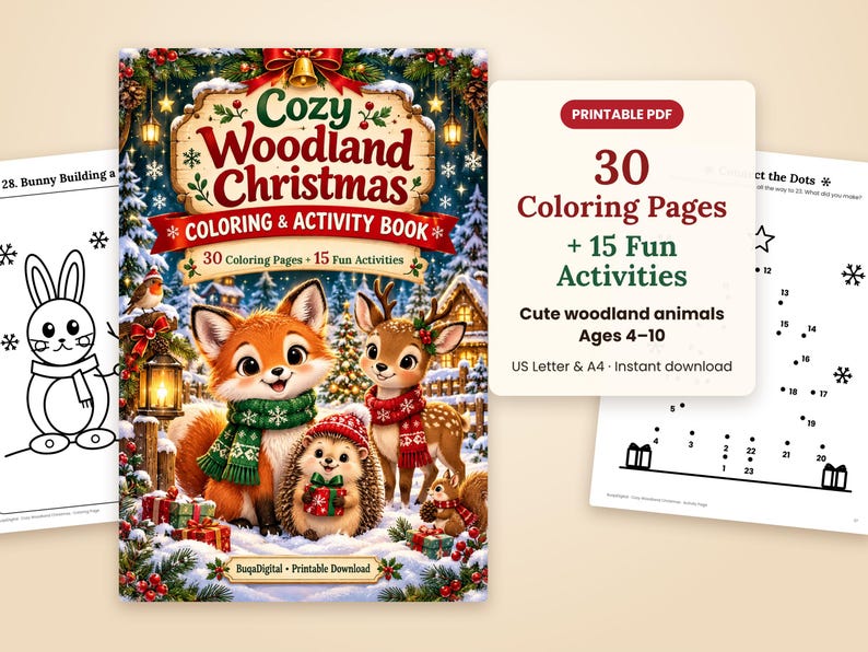 Christmas Coloring Book for Kids, Printable Woodland Animal Coloring Pages and Activity Book image 1