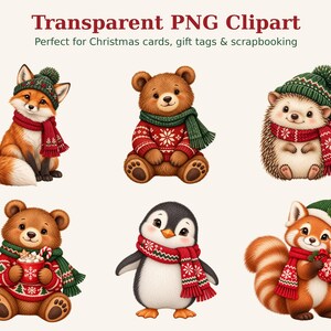 May include: A collection of six digital illustrations featuring a fox, two bears, a hedgehog, a penguin, and a red panda, all wearing green and red winter accessories. The text reads Transparent PNG Clipart. Perfect for Christmas cards, gift tags & scrapbooking.