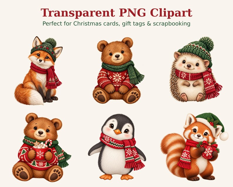 May include: A collection of six digital illustrations featuring a fox, two bears, a hedgehog, a penguin, and a red panda, all wearing green and red winter accessories. The text reads Transparent PNG Clipart. Perfect for Christmas cards, gift tags & scrapbooking.