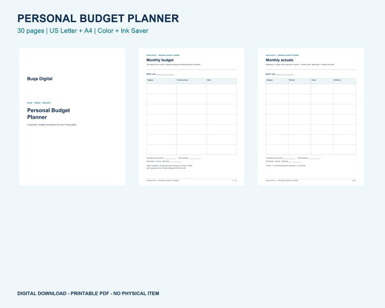 Printable Budget Planner for Variable Income, 30-Page Finance Organizer, US Letter and A4 image 1