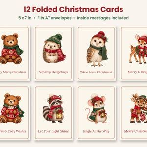 May include: A set of 12 folded Christmas cards measuring 5 x 7 inches, featuring illustrations of animals in winter attire. Designs include a bear, hedgehog, owl, deer, raccoon, mouse, and moose with text like Beary Merry Christmas.