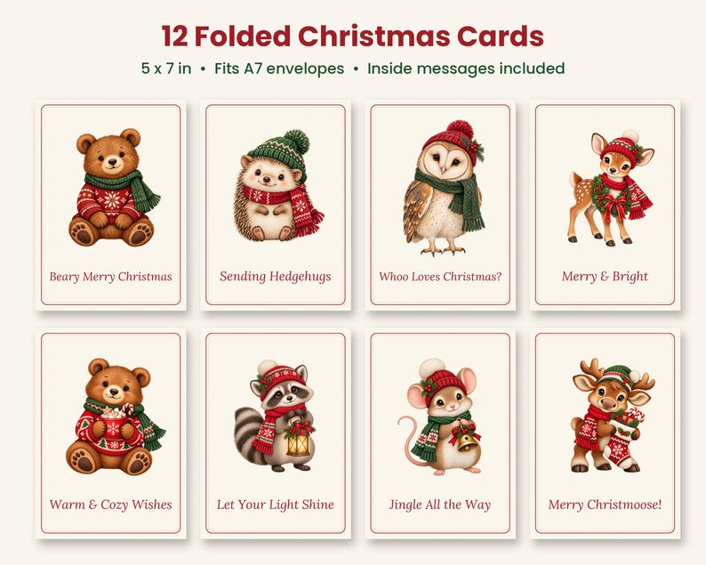 May include: A set of 12 folded Christmas cards measuring 5 x 7 inches, featuring illustrations of animals in winter attire. Designs include a bear, hedgehog, owl, deer, raccoon, mouse, and moose with text like Beary Merry Christmas.