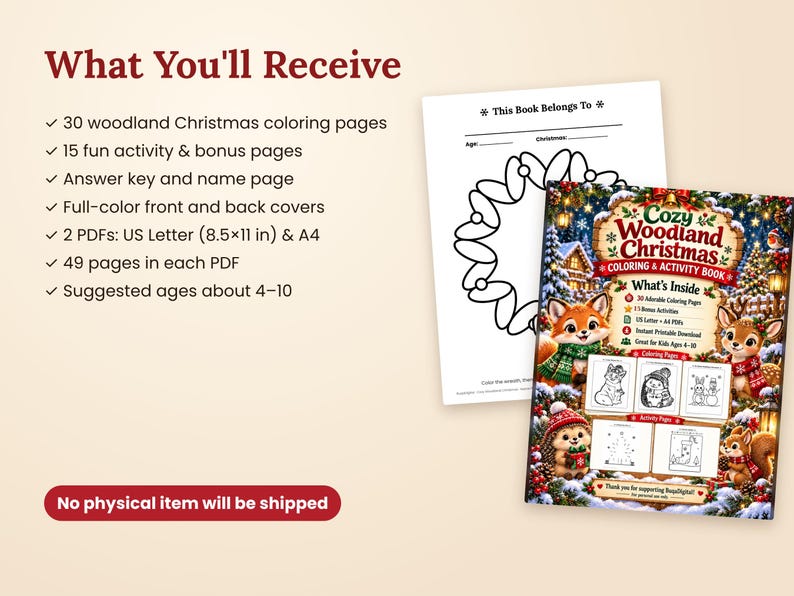 Christmas Coloring Book for Kids, Printable Woodland Animal Coloring Pages and Activity Book image 5