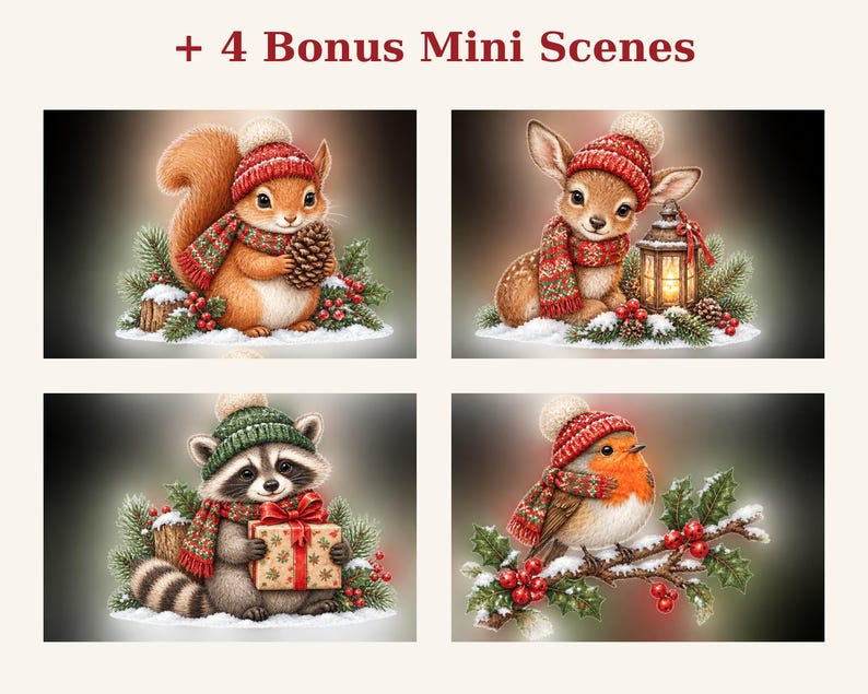 May include: Four illustrations labeled + 4 Bonus Mini Scenes featuring a squirrel with a pinecone, a deer with a lantern, a raccoon holding a gift, and a robin on a holly branch. Each animal wears a red or green knit hat and scarf.