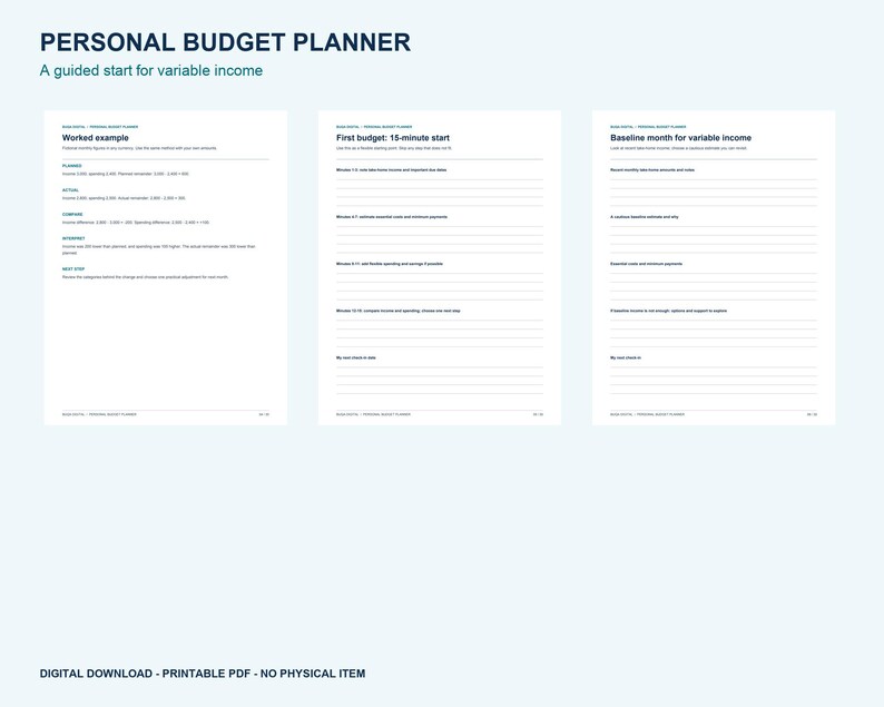 Printable Budget Planner for Variable Income, 30-Page Finance Organizer, US Letter and A4 image 2