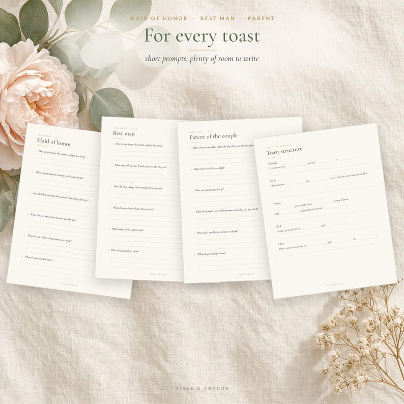 Wedding Vow Template and Writing Prompts, Fillable Vow Cards 4x6 5x7, Maid of Honor & Best Man Speech Template, Toast Worksheets image 4