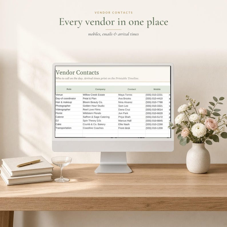 Wedding Day Timeline Template, Printable Wedding Itinerary and Schedule, Vendor Contact Sheet, Excel & Google Sheets Day of Timeline image 4