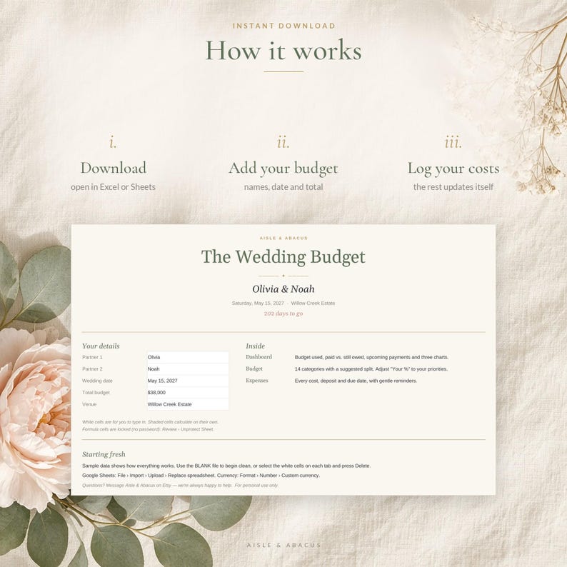 Spreadsheet en sjabloon voor een trouwbudget in Excel en Google Sheets, budgettracker voor bruiloften, onkosten- en betalingsplanner, kostenberekening afbeelding 6