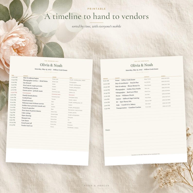 Wedding Day Timeline Template, Printable Wedding Itinerary and Schedule, Vendor Contact Sheet, Excel & Google Sheets Day of Timeline image 2