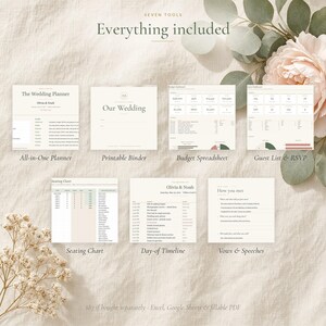 Pakket voor het plannen van een bruiloft: complete spreadsheet en printbare map voor de bruiloftsplanning, inclusief budget, gastenlijst, tafelindeling, tijdschema en geloften. afbeelding 2