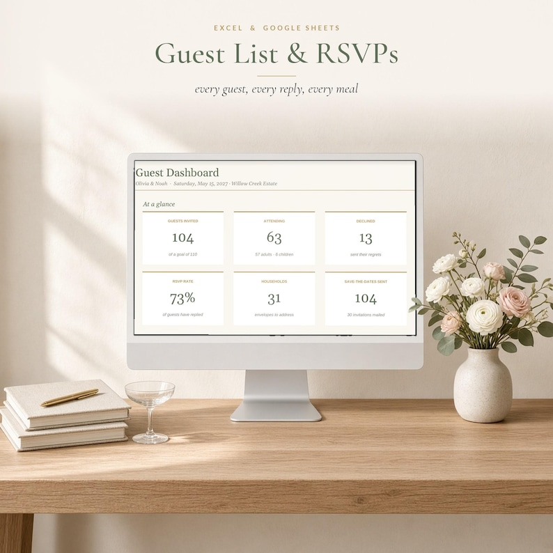 Wedding Guest List Template and RSVP Tracker, Guest List Spreadsheet for Excel & Google Sheets, Invitation, Address and Meal Tracker image 1