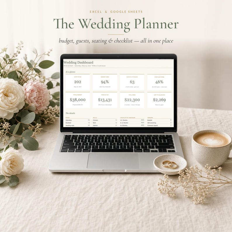 All-in-One Wedding Planner Spreadsheet, Excel & Google Sheets Template with Budget Tracker, Guest List, RSVP, Seating Chart and Checklist image 1